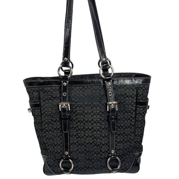 COACH Gallery Tote Signature Black Jacquard Patent Leather Buckle Grommet Straps - Picture 1 of 10